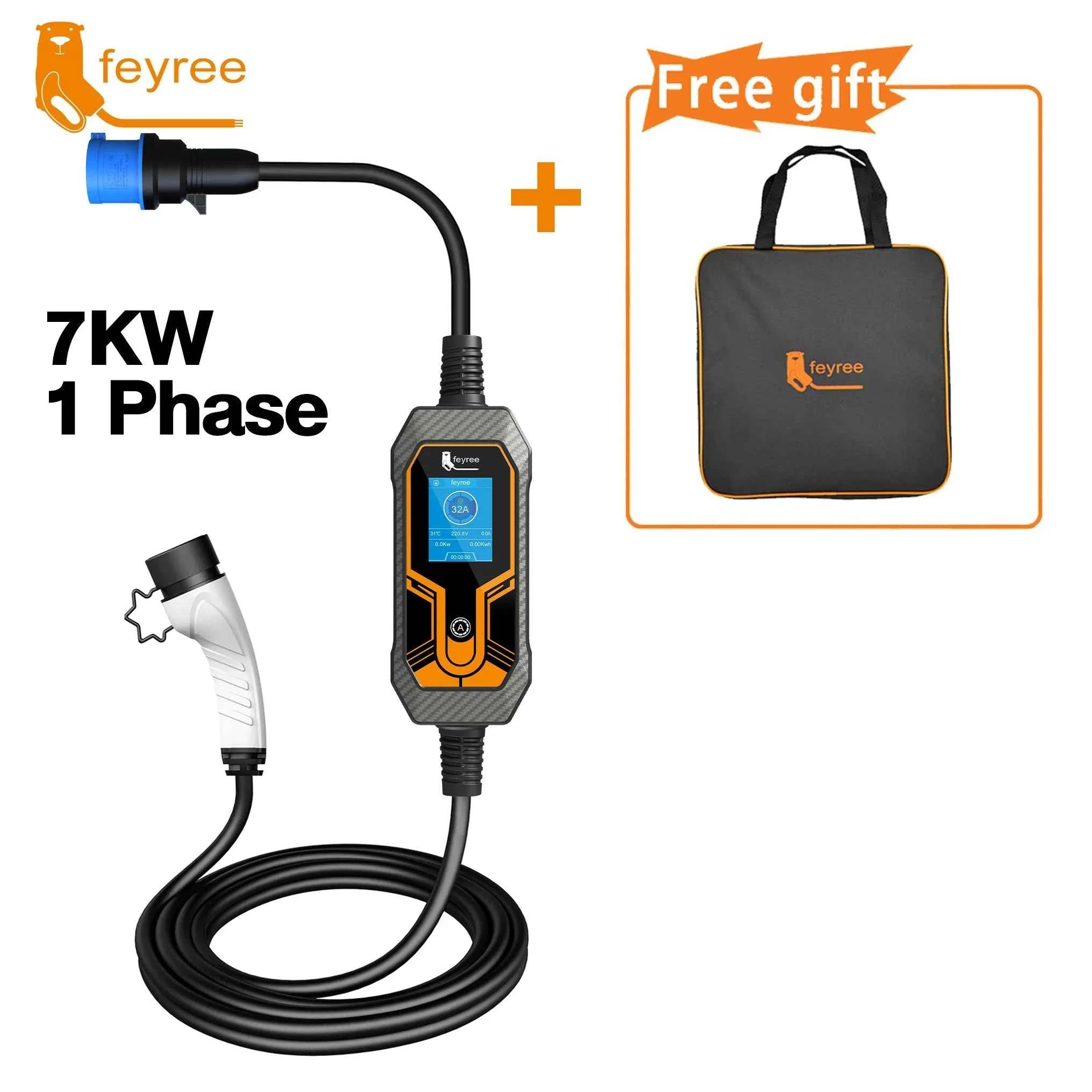 feyree 32A 7KW Type2 EV Portable Charger 11KW 16A 3 Phase 5M Cable EVSE Charging Box Car Charger CEE Plug for Electric Vehicle