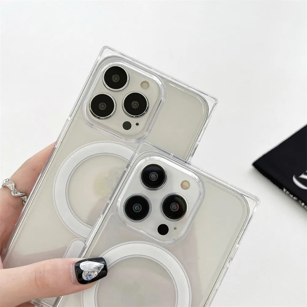 Luxury 2 in 1 Square Magnetic Wireless Charging Case for iPhone 16 Pro Max 12 13 Pro 14 15 16 Plus Transparent Clear Rugged Case
