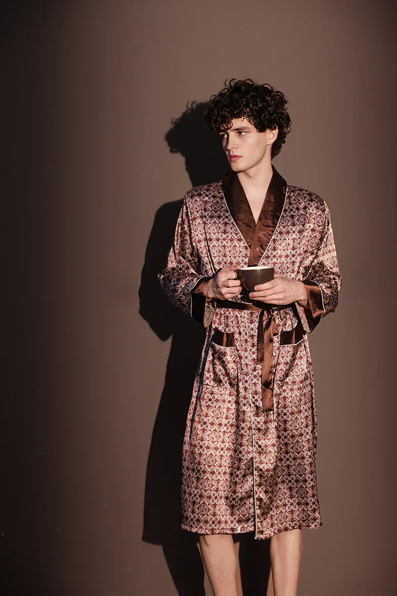 Men's Thin Bathrobe High Quality Nightrobes One-Piece Robe Male Loungewear Gents Spring and Autumn New Ice Silk Printed Pajamas