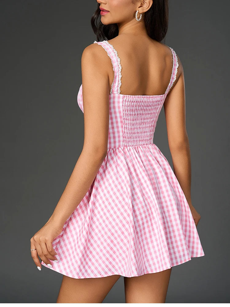NewAsia Women's Plaid Strappy with Floral Trim Backless Mini Dress A-Line V-Neck Casual Party Summer Outfit 2025 New Arrival