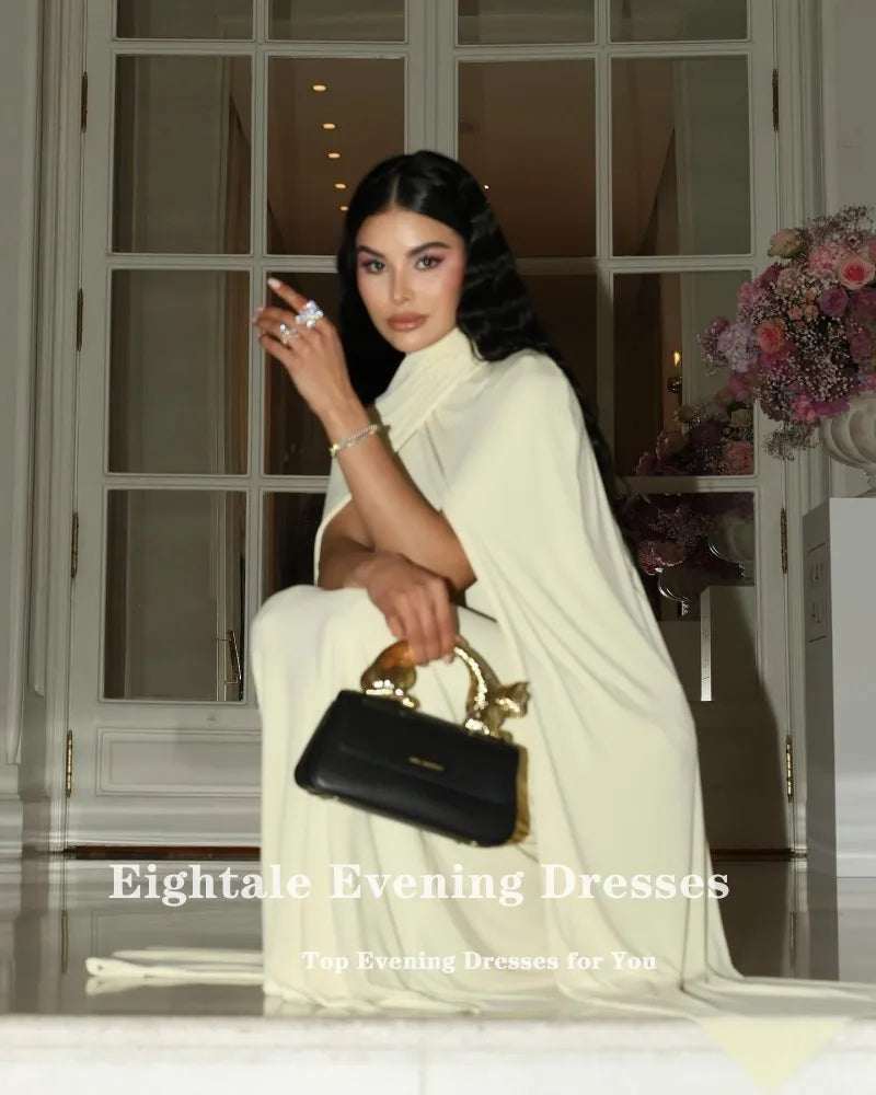 Eightale Elegant Evening Dress for Wedding Party Halter Light Yellow Cap Sleeves Arabic Mermaid Customized Formal Prom Gowns