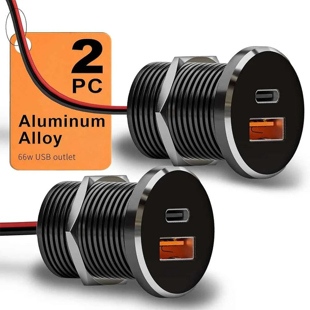 1-2 Pack Mini 66W 12V USB Outlet PD 30W Type-C QC3.0 36W USB-A Dual Port Aluminum Fast Charging Socket for RV Camper Truck Boat