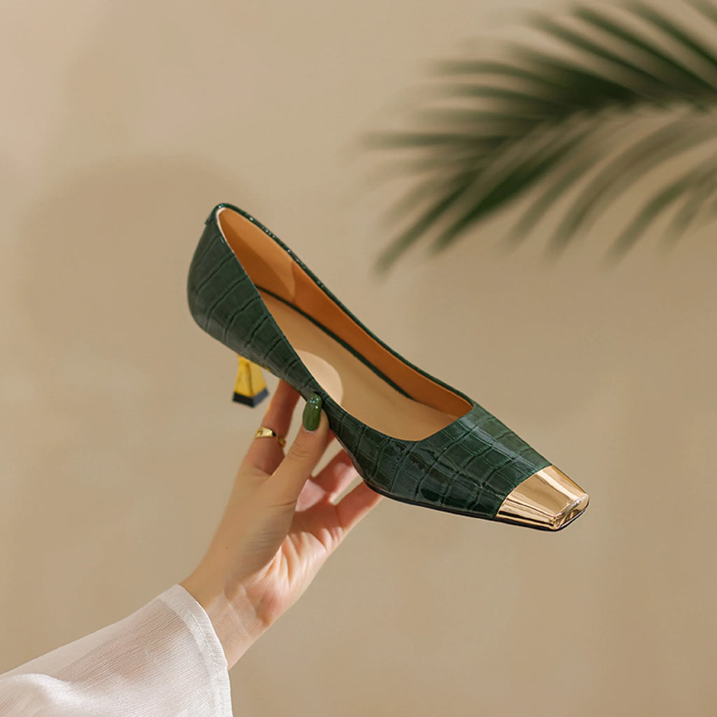 【JOCHEBED HU】Brand New Shoes Metal Square Toe Women Pumps Patchwork Genuine Leather Thin High Heels Ladies Footwear Plus 34-43