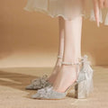 High Heels 2025 New Pearl Bow Silver Hollow Sandals Graduation Wedding Dress Big Size Bride Shoes