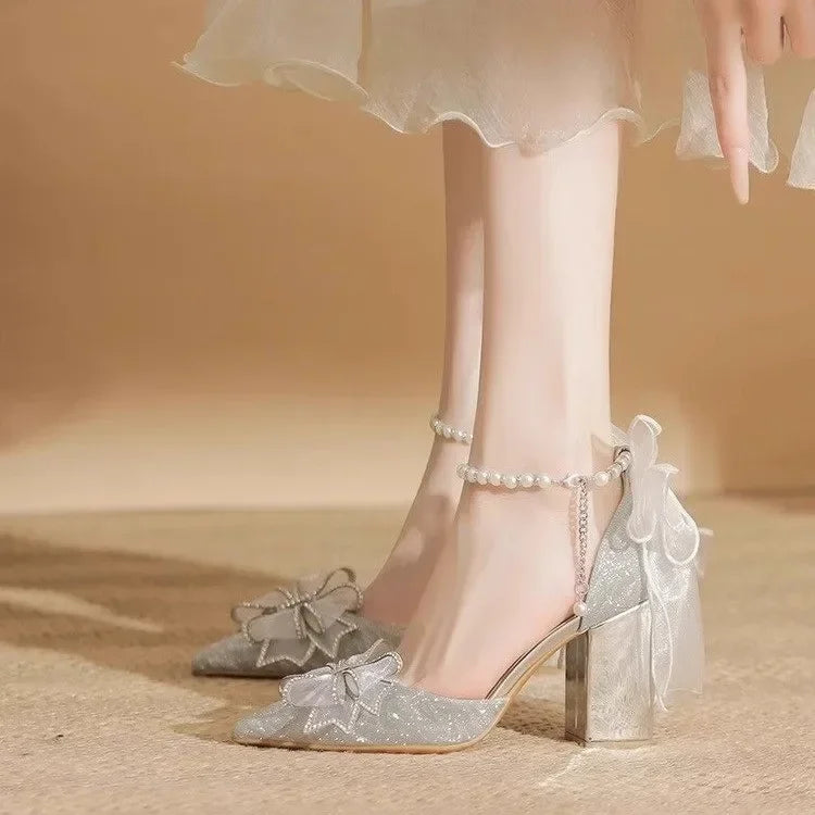 High Heels 2025 New Pearl Bow Silver Hollow Sandals Graduation Wedding Dress Big Size Bride Shoes