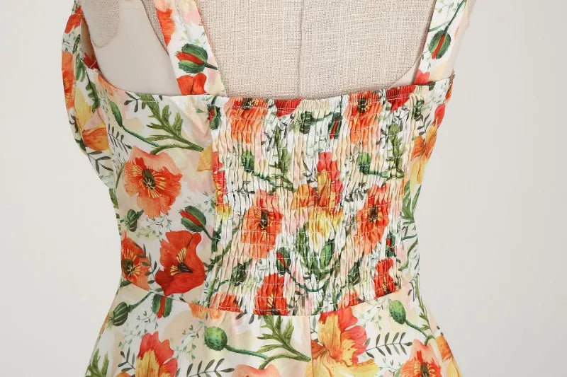 Vintage Charm Summer Midi Dress - Cute Print, Ruched Bust, High Waist for Effortless Beach Style