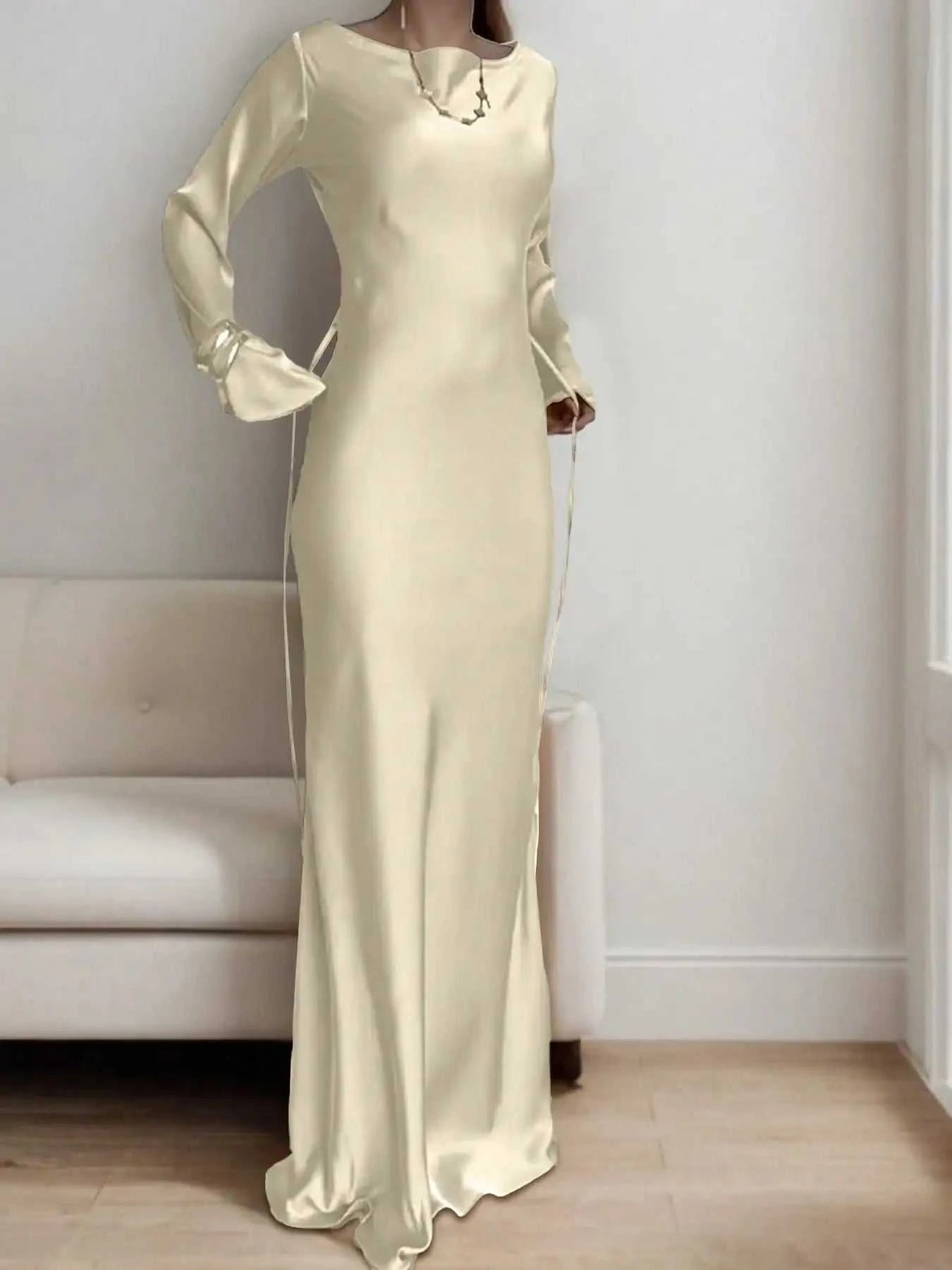 Women's Satin Maxi Dress – Corset Waist Tie, O-Neck & Flared Sleeves | Bohemian Evening Dress The jack market .AU The jack market .AU Woman Fashion Dress $ 70 14:1052;5:4182