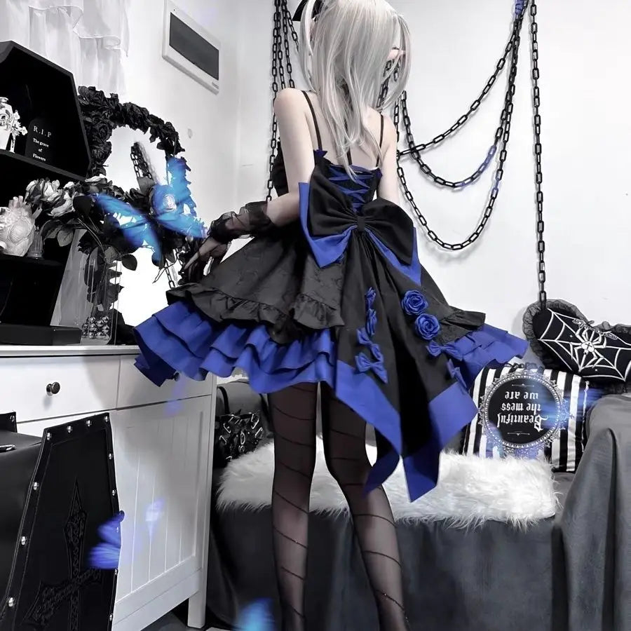 Gothic Lolita Summer Dress - High Waist Bow, Sweet Y2K Style Sling Robe for Women