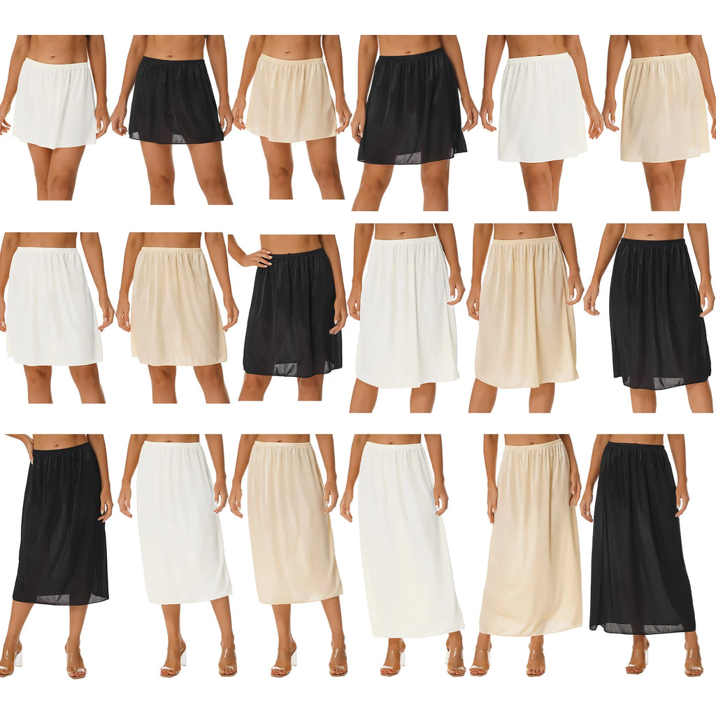 Womens Petticoat Skirt Solid Half Slip Underskirt Summer Elastic Waist Inner Lining Midi Skirt Long Underskirt for Party Dress