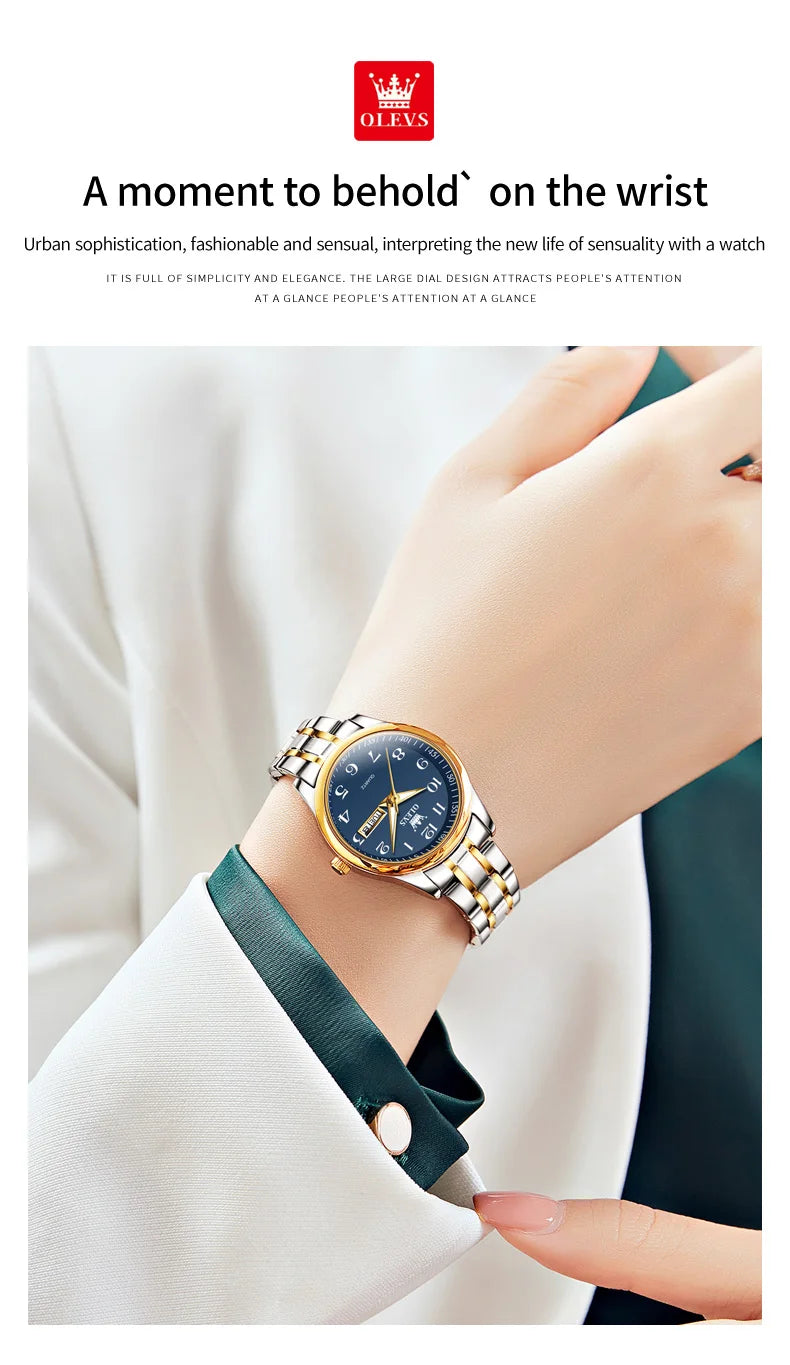 OLEVS Elegant Women's Quartz Watch - Luminous, Waterproof Stainless Steel Dress Wristwatch with Week & Date Display