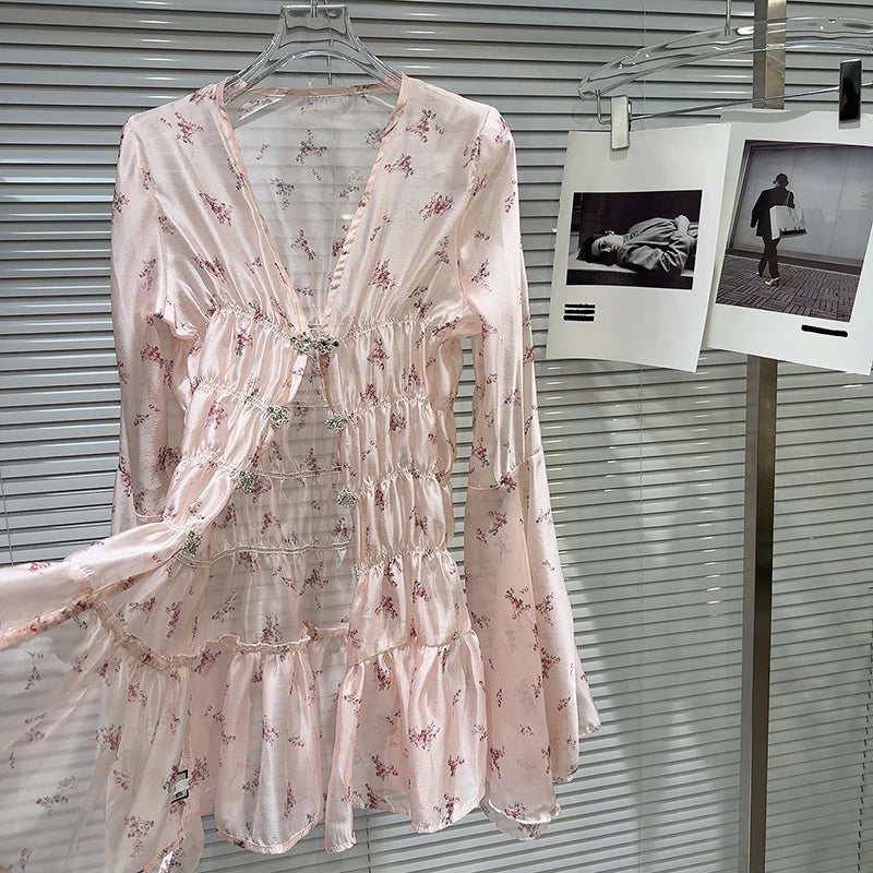 DEAT Fashion Women's Rhinestone Button Floral Pattern Flared Sleeve Chiffon Dress Elegant Holiday Dresses Female 11A04065