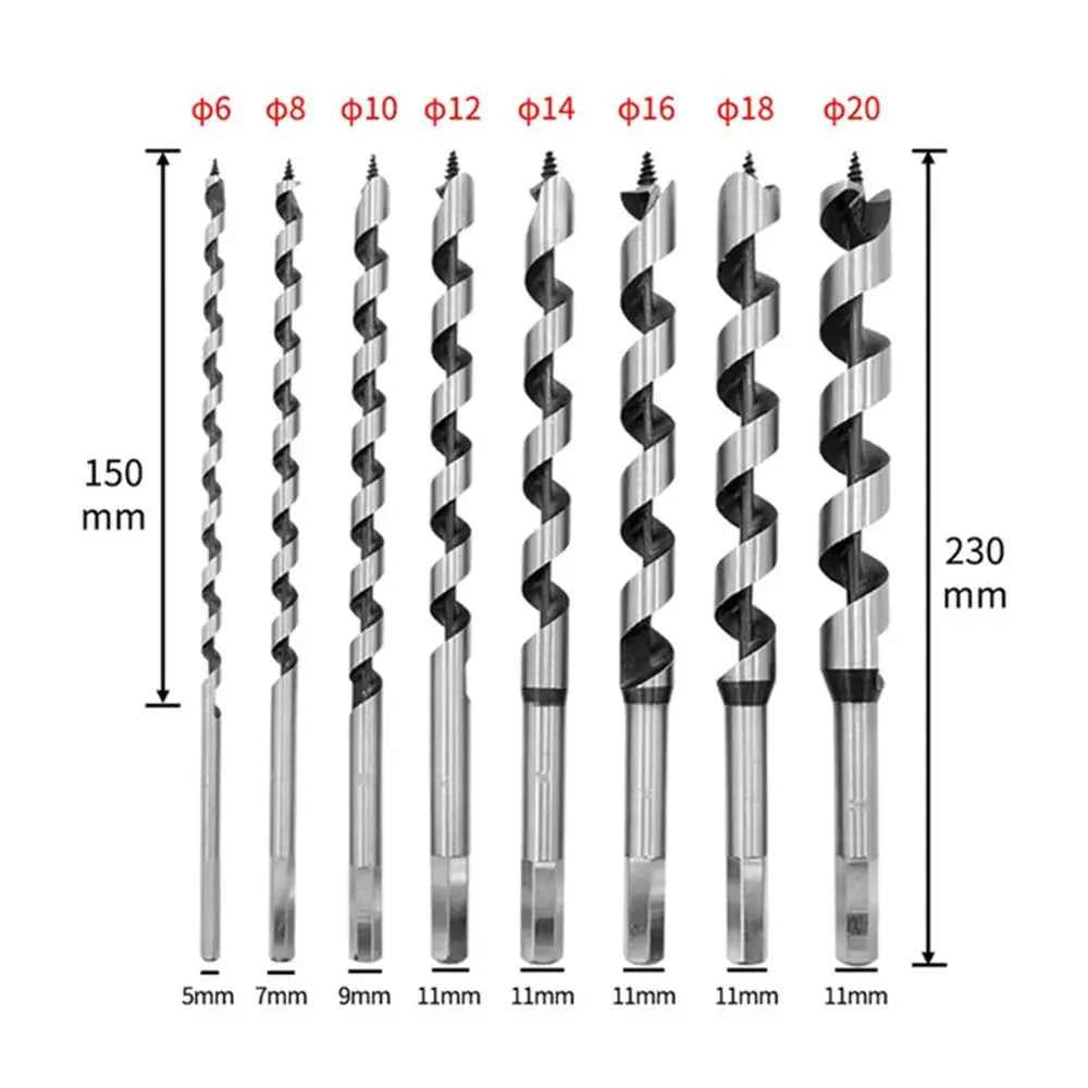 Krachtige 8Pcs 230mm Auger Drill Bit Set 6/8/10/12/14/16/18/20mm for Wood Hex Shank Length Deep Woodworking Drill Bit