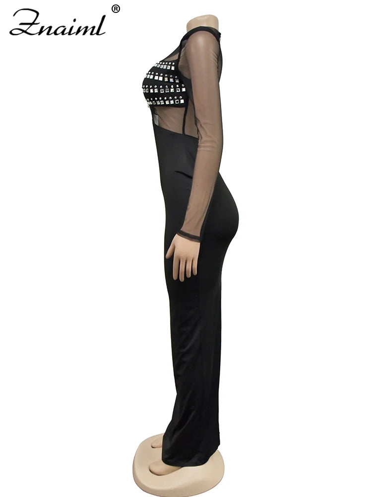 Znaiml Elegant Evening Birthday Diamonds Rhinestone Formal Prom Dress Woman Sexy Club See Through Mesh Patchwork Party Vestidos