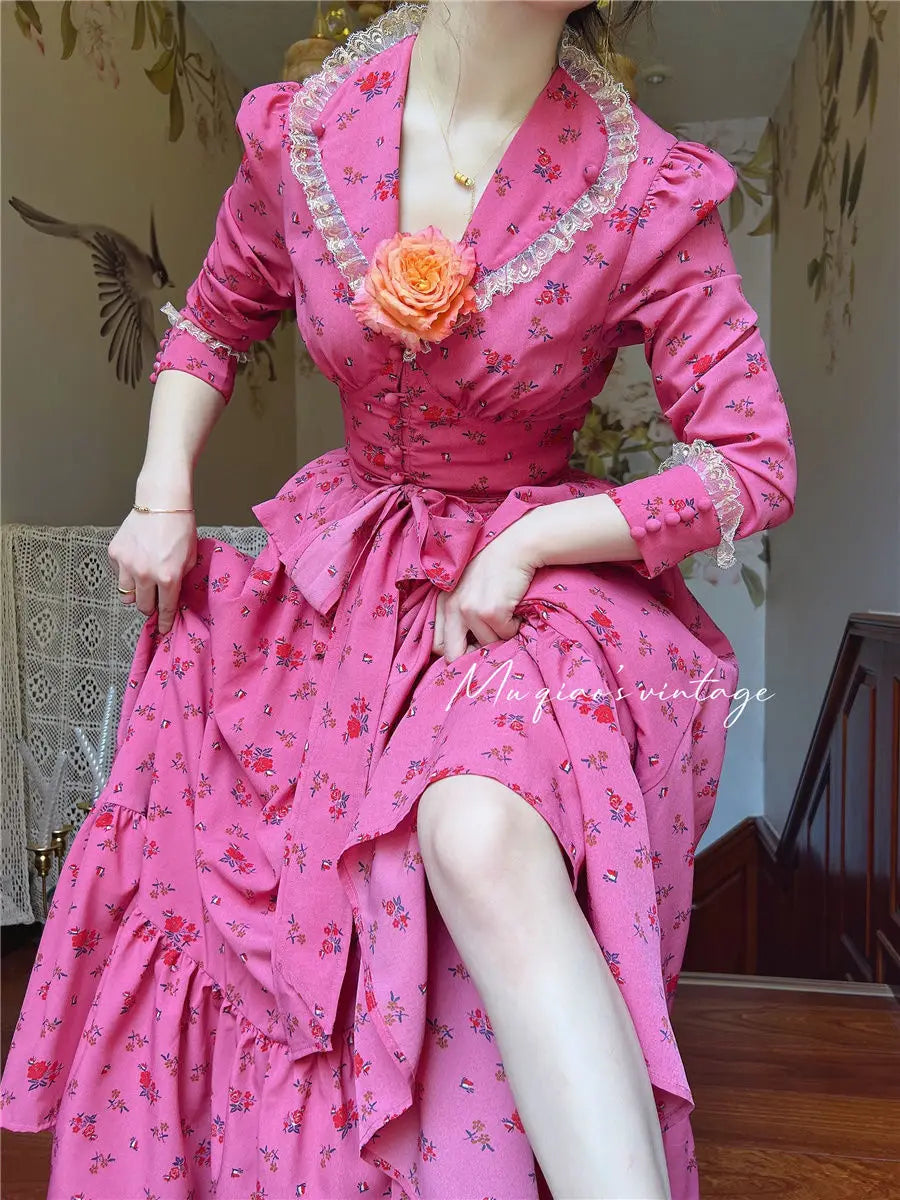Rose Red Flower Autumn Long Sleeve French Vintage Dress V-neck Waist Cinched Slimming Ruffle Large Swing Long Dress for Women
