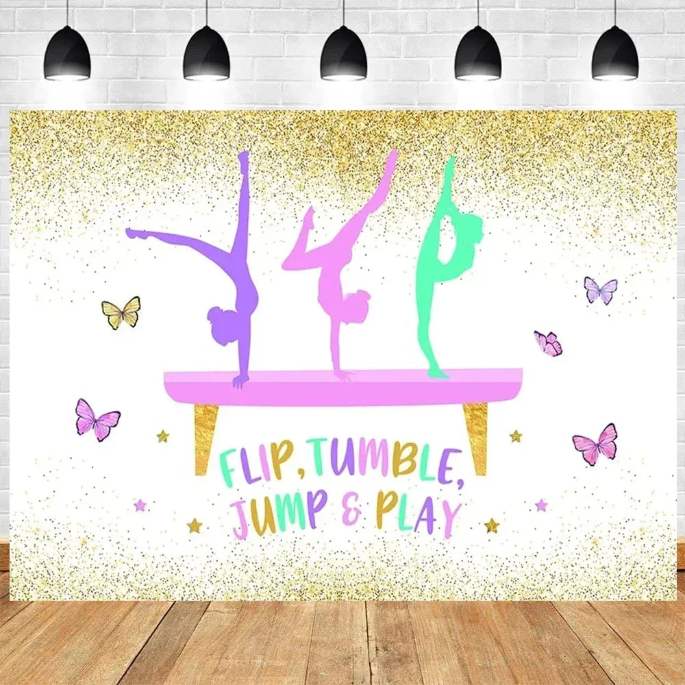 Let's Flip Athlete Gymnast Gymnastic Theme Jump Tumble Play Gymnast Rhythmic Gymnastic Girl Birthday Party Baby shower Backdrop