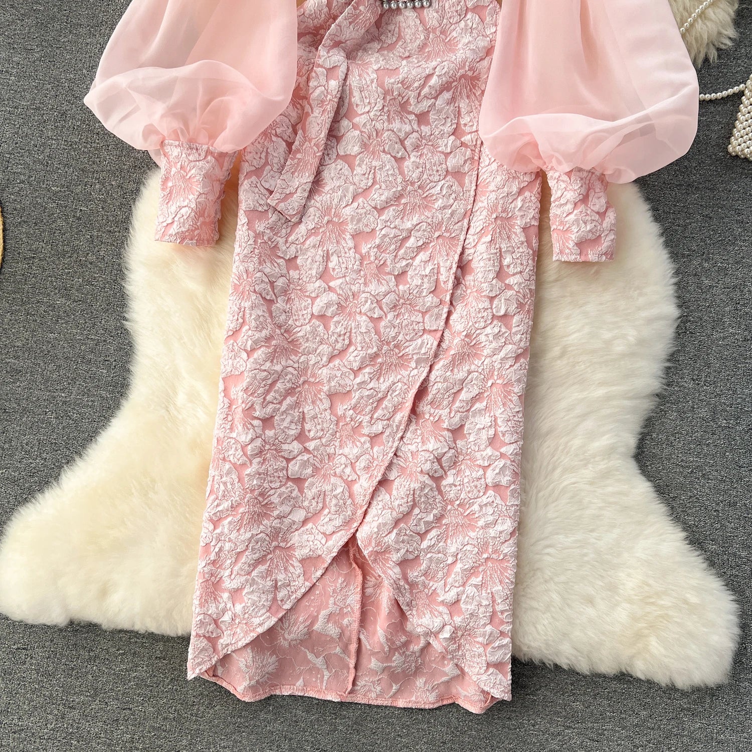 Vintage Chic Sequin Bishop Sleeve Off-Shoulder Slim Tube Dress