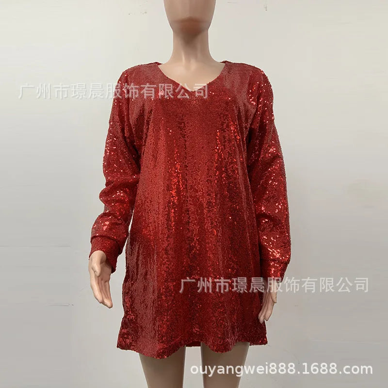 Trendy Solid Color Sequin Dresses Women V-neck Long Sleeve Loose Irregular Mini Dress Lady Commuting Vestidos Spring Autumn New