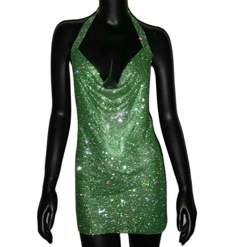 Bling Backless Rhinestone Dress - Sexy Deep V Neck, Sleeveless, Side Split Halter for Nightclub & Party