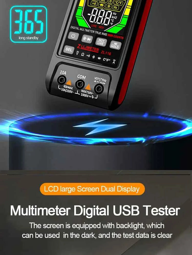 SmartTech USB Rechargeable Digital Multimeter - True RMS, AC/DC Current, Capacitance, Temperature, Auto Range