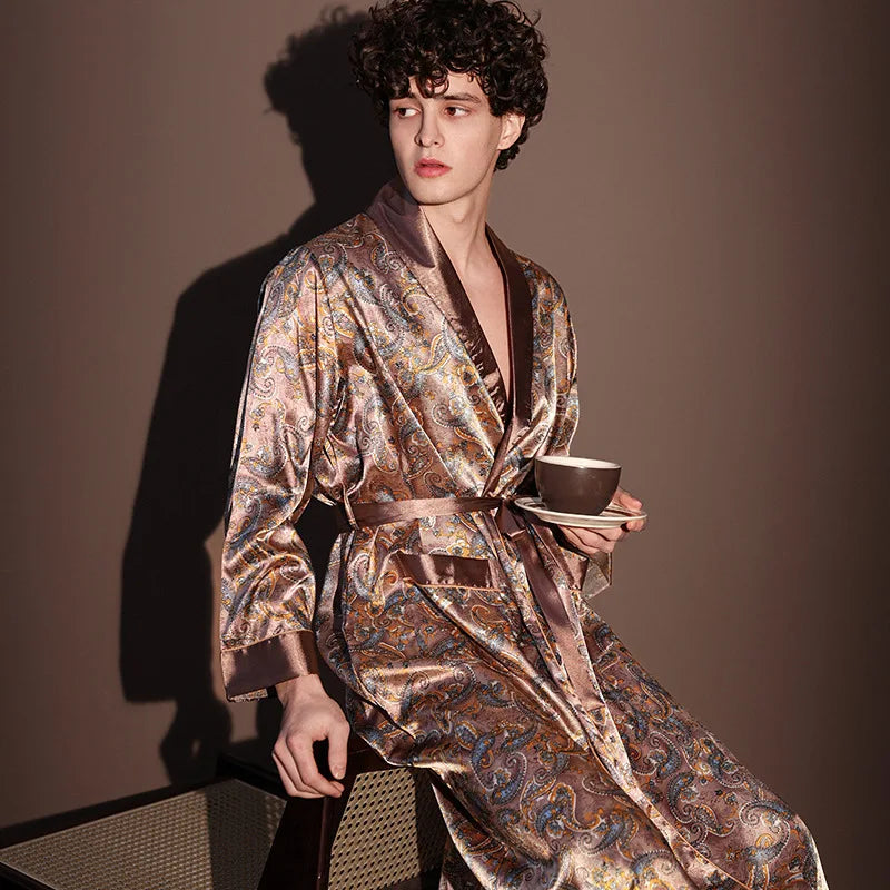 Men's Thin Bathrobe High Quality Nightrobes One-Piece Robe Male Loungewear Gents Spring and Autumn New Ice Silk Printed Pajamas