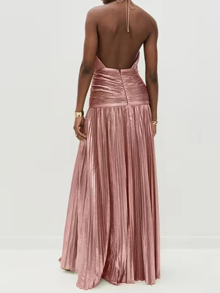 Chic Women's Backless Maxi Dress - Sleeveless Halter Patchwork Elegance for Summer Parties