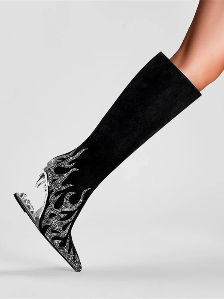 Women's Pointed Tiger Teeth Heel Knee High Elastic Boots Fashionable Over-the-Knee Super High Heel Banquet Show Shoes Autumn Winter