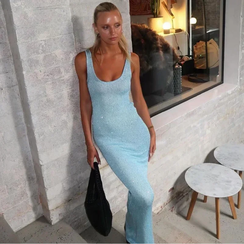 Women Sexy Yellow Glitter Splicing Square Neck Long Dress Casual Slim Sleeveless Sling Maxi Dresses Female Summer Holiday Robes