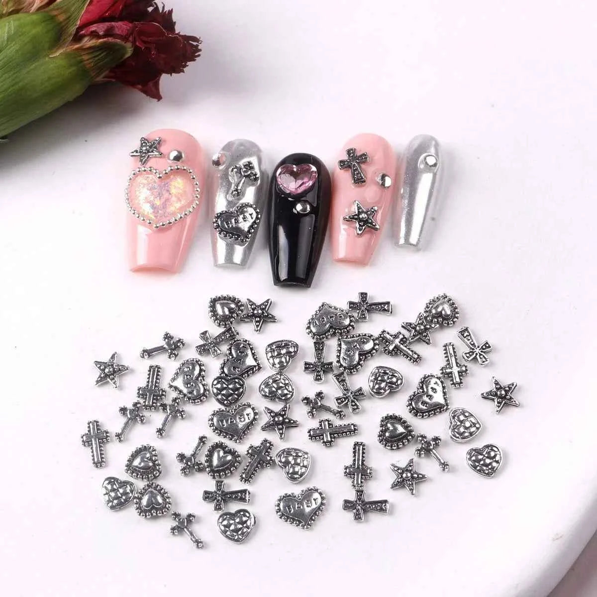 TSZS 50pcs/bag Mix Punk 3D Retro Cross Jewelry Nail Art Charms Mix Shape Grey Cross Nail Charms Nail Manicure Decoration