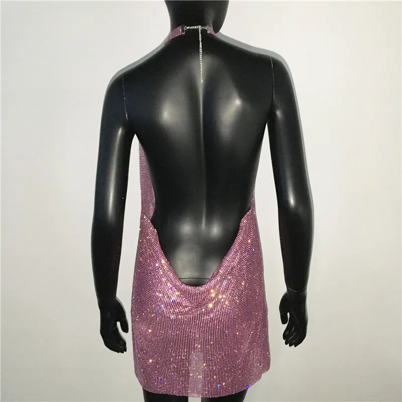 Bling Backless Rhinestone Dress - Sexy Deep V Neck, Sleeveless, Side Split Halter for Nightclub & Party