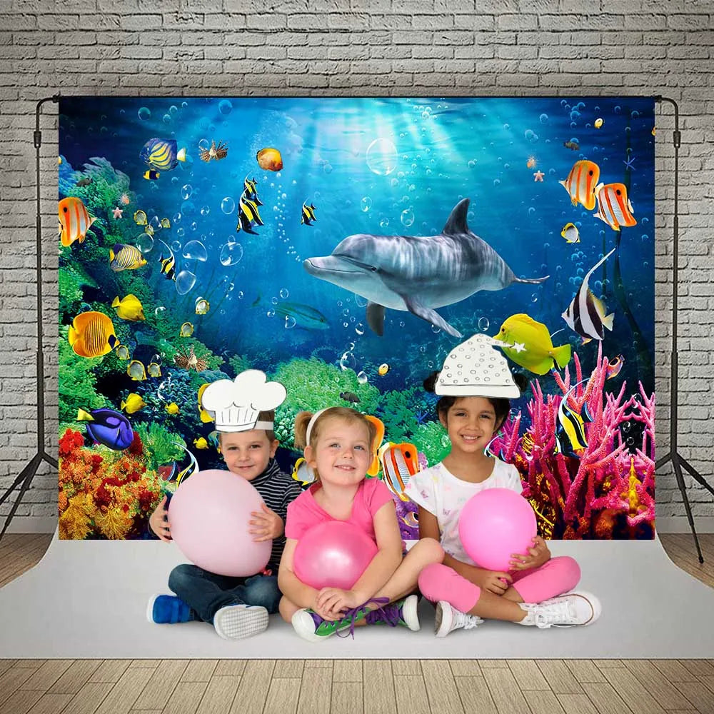 Underwater World Dolphin Coral Seaweed Seabed Aquarium Theme Photography Background Children Birthday Party Decor Backdrop