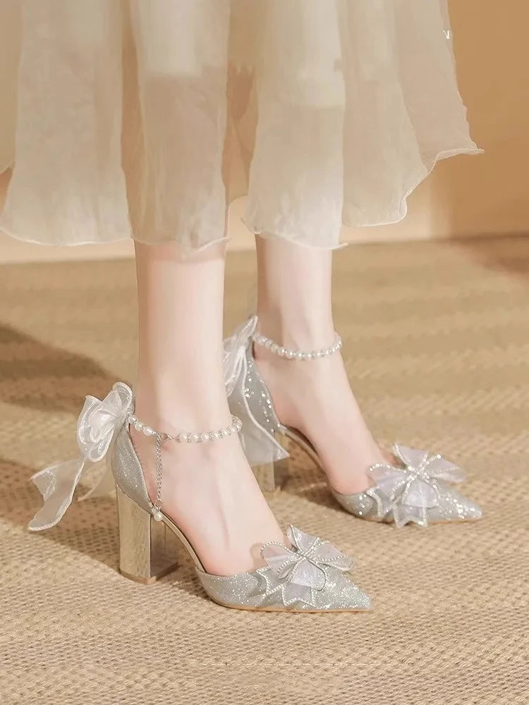High Heels 2025 New Pearl Bow Silver Hollow Sandals Graduation Wedding Dress Big Size Bride Shoes