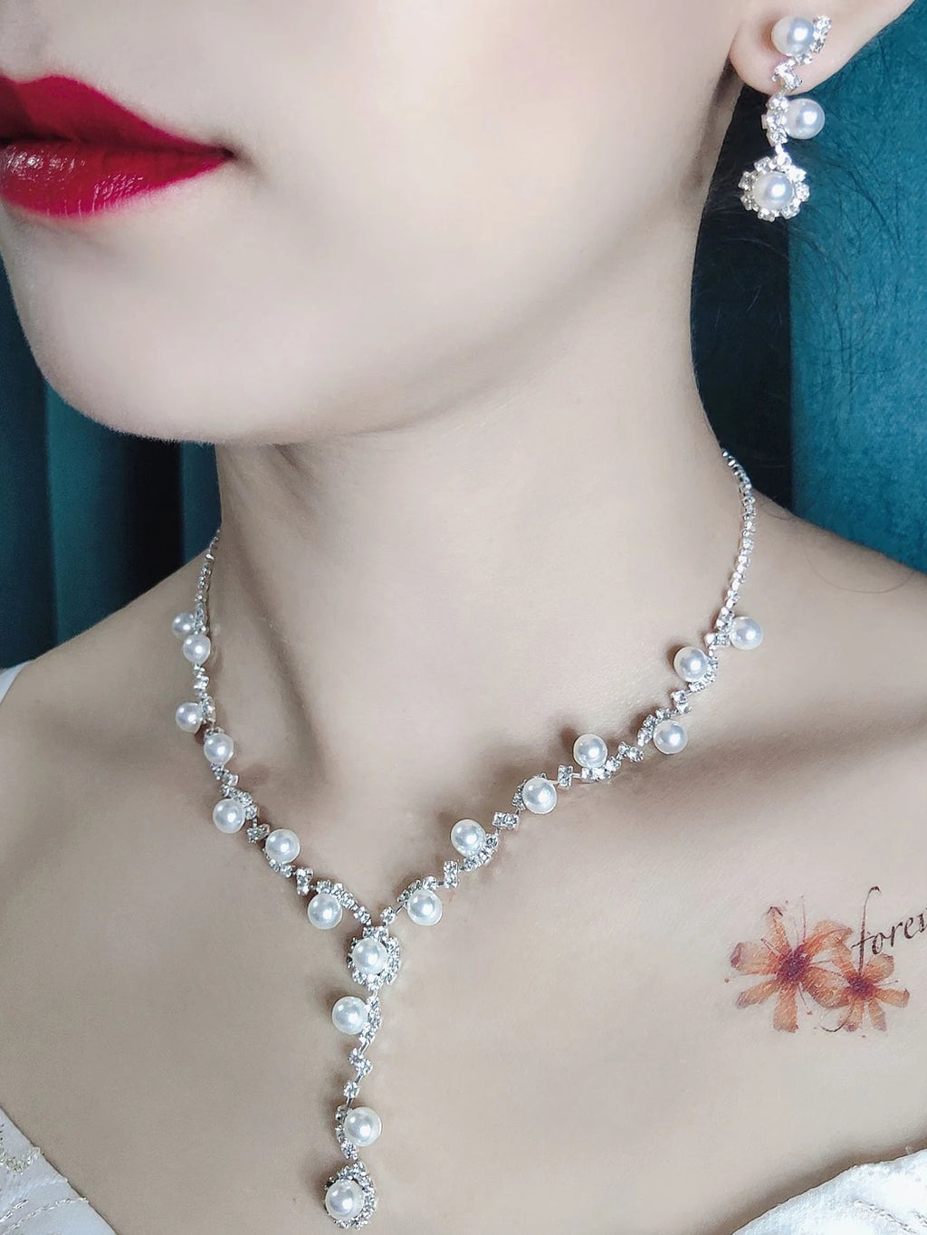 4 pcs bridal jewelry set, rhinestone pearl necklace, earrings, bracelets, dinner dress accessories