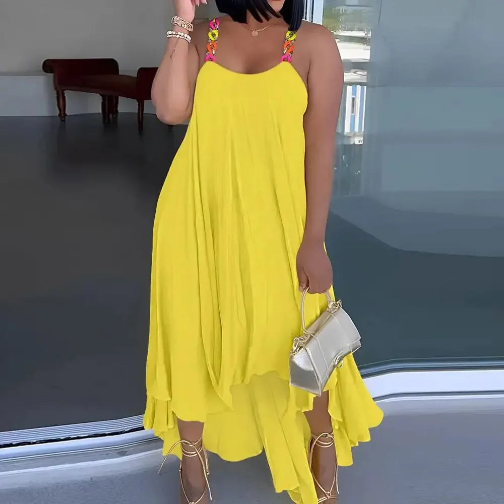 2025 Best Quality Famous Brand Dress Solid Spaghetti Strap Summer Casual Maxi Dress Vestido