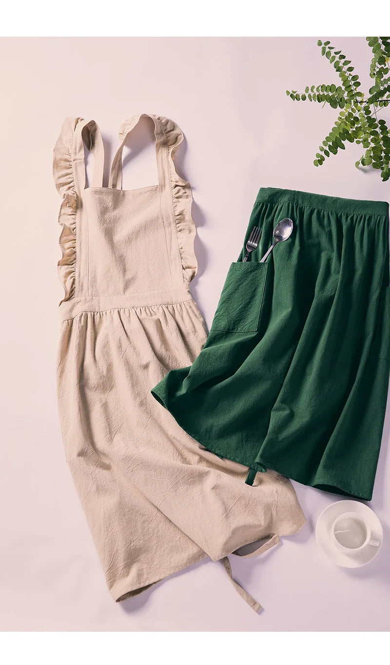 Cross Back Apron Kitchen Apron Ruffled with Pockets for Chef Gardening Pink Work Women with Big Pinafore Dress Cooking Baking