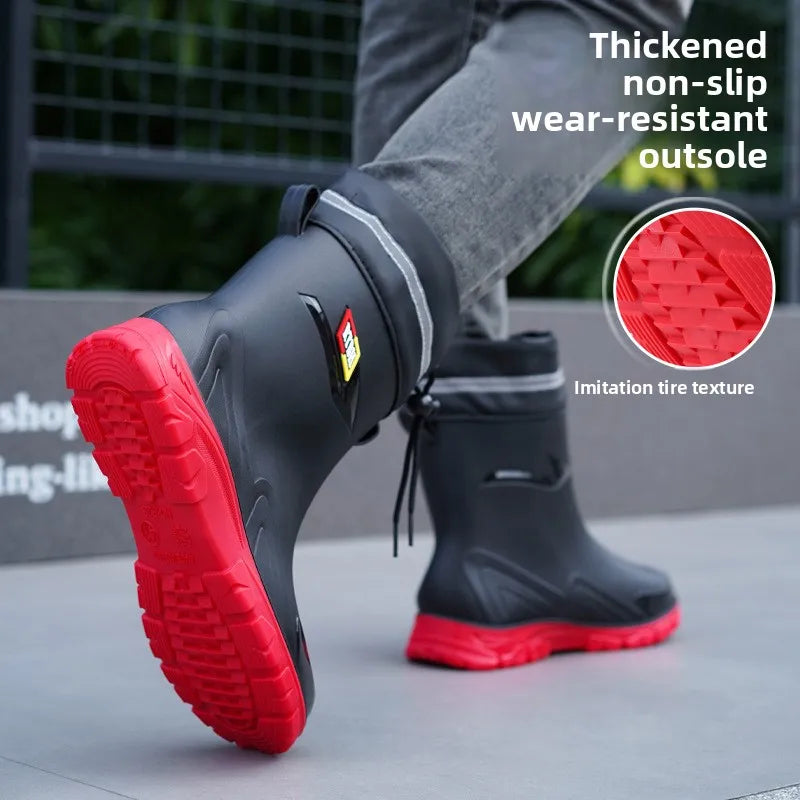 Men's Fleece Lined Tied Mouth Waterproof Outdoor Rain Boots Anti-slip Kitchen Work Rubber Shoes Warm Booties Plastic Material