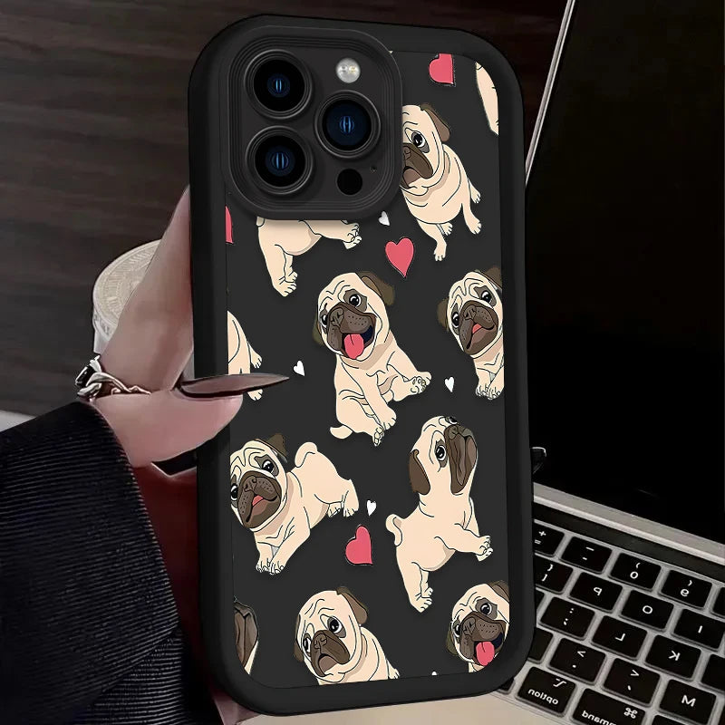 Cute Glasses Pug Dog Case For iPhone 16E 16 15 14 13 12 11 Pro Max X XS X S Max XR SE 2020 7 8 Plus Shockproof Silicone Funda