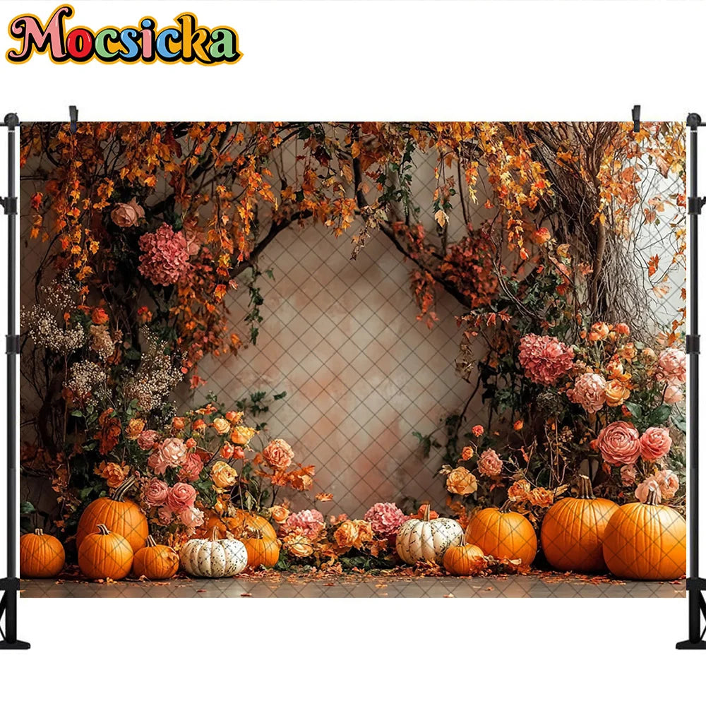 Mocsicka Photography Backdrop Autumn Pumpkin Maple Leaves Decoration Fall Portraits Photo Supplies Backgrounds For Photographs