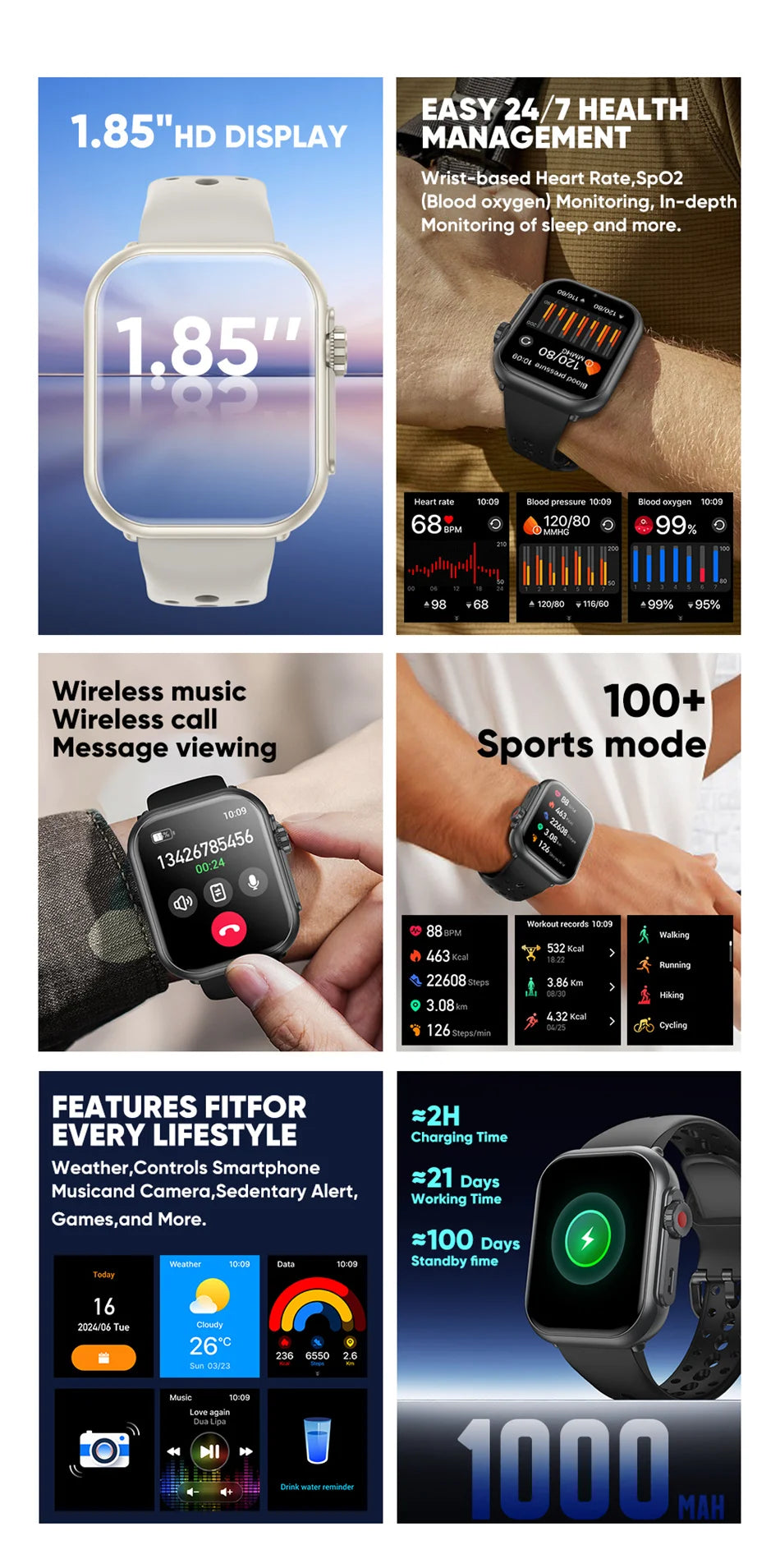Ultra K62 1000mAh Battery AMOLED Smart Watch Heart Rate Men 100+Sport HD Bluetooth Call IP67Waterproof Women SmartWatch 2026 New