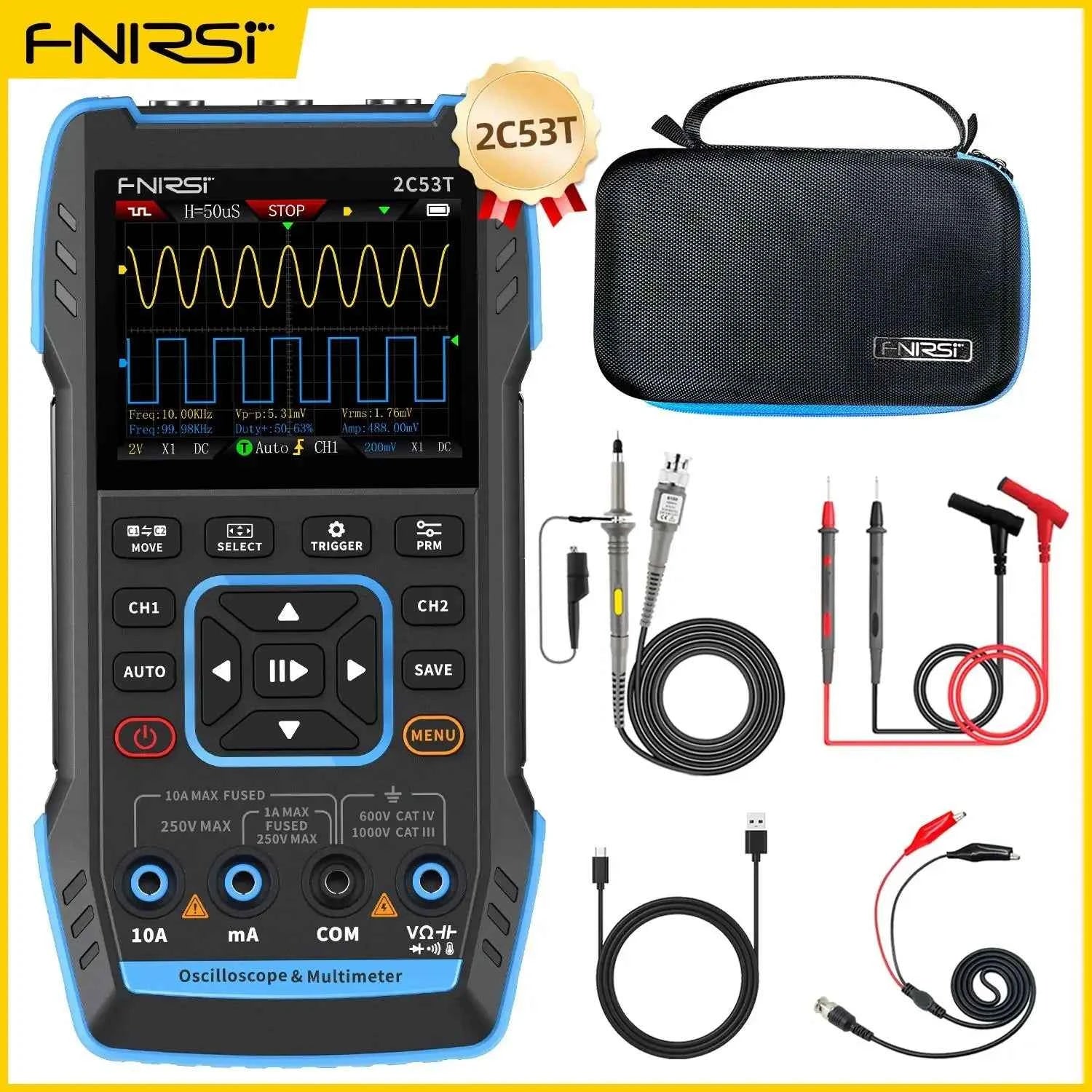FNIRSI Handheld 50MHz Dual Channel Oscilloscope & Multimeter - 3-in-1 Automotive Signal Generator
