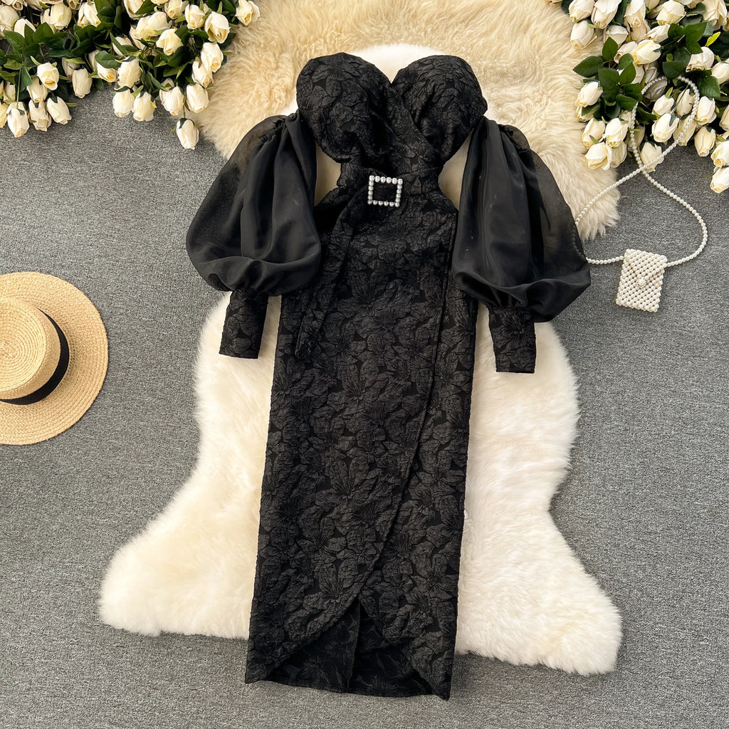 Vintage Chic Sequin Bishop Sleeve Off-Shoulder Slim Tube Dress