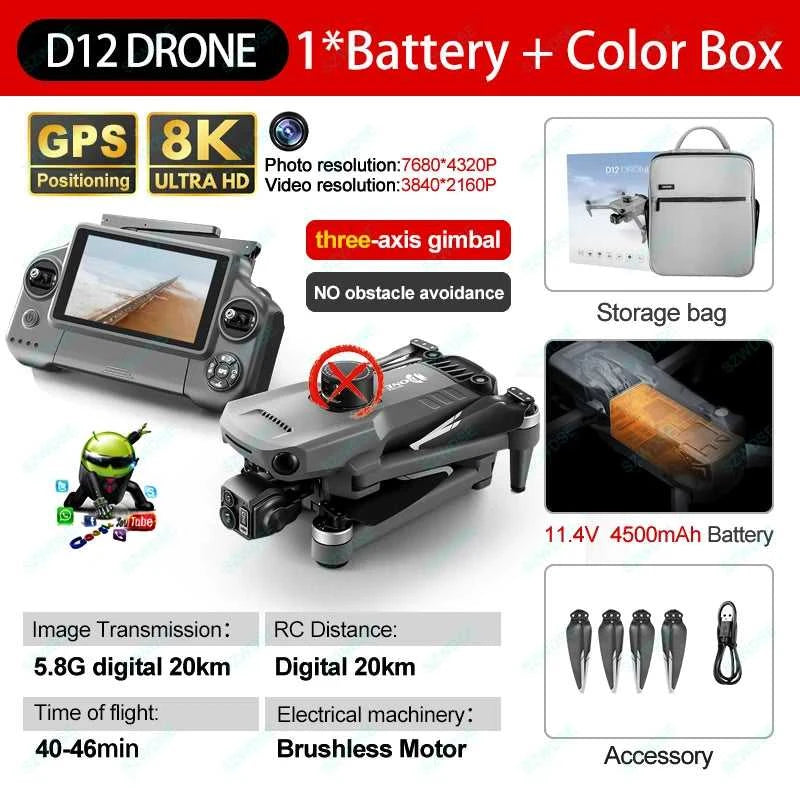 ZLL D12 Drone With 8K HD Camera Screen Remote GPS 360° Obstacle Avoidance 5G Wifi FPV Brushless Motor RC Dron Load capacity 500g The jack market .AU The jack market .AU Drones $ 452 14:193#D12-NO OAS