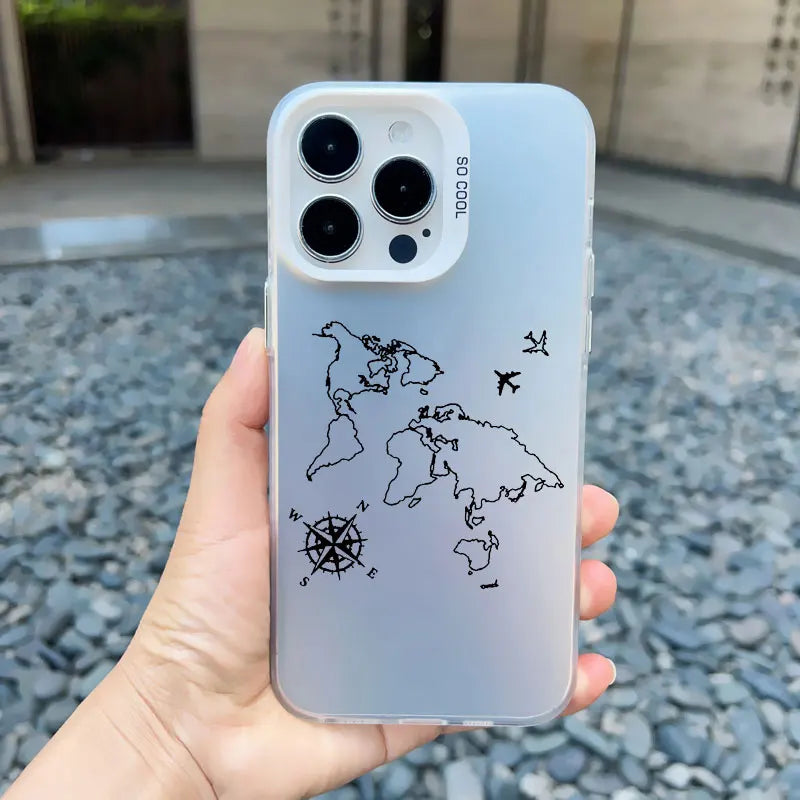 World Map Travel Airplane Phone Case For iphone 16 15 13 14 Pro Max Plus 11 12 Pro Max 13 Mini Back Shockproof Laser Covers
