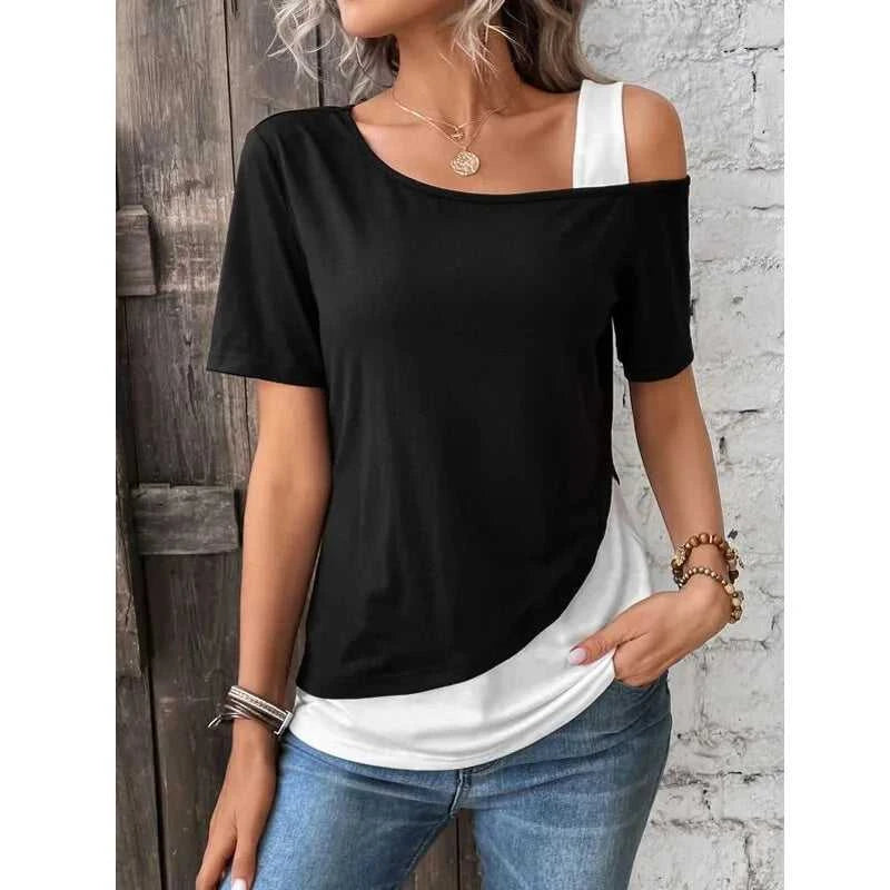 Chic Color Blocking Short Sleeved Women Solid Color Off Shoulder Asymmetric T-Shirt Female Summer Casual Tops The jack market .AU The jack market .AU Woman Fashion $ 57 14:193#pink black;5:361385