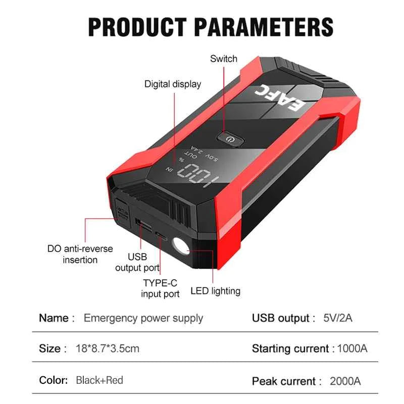 2000A Car Jump Starter Power Bank 12V Output Portable Emergency Start-up Charger 1000A for Cars Booster Battery Starting Device