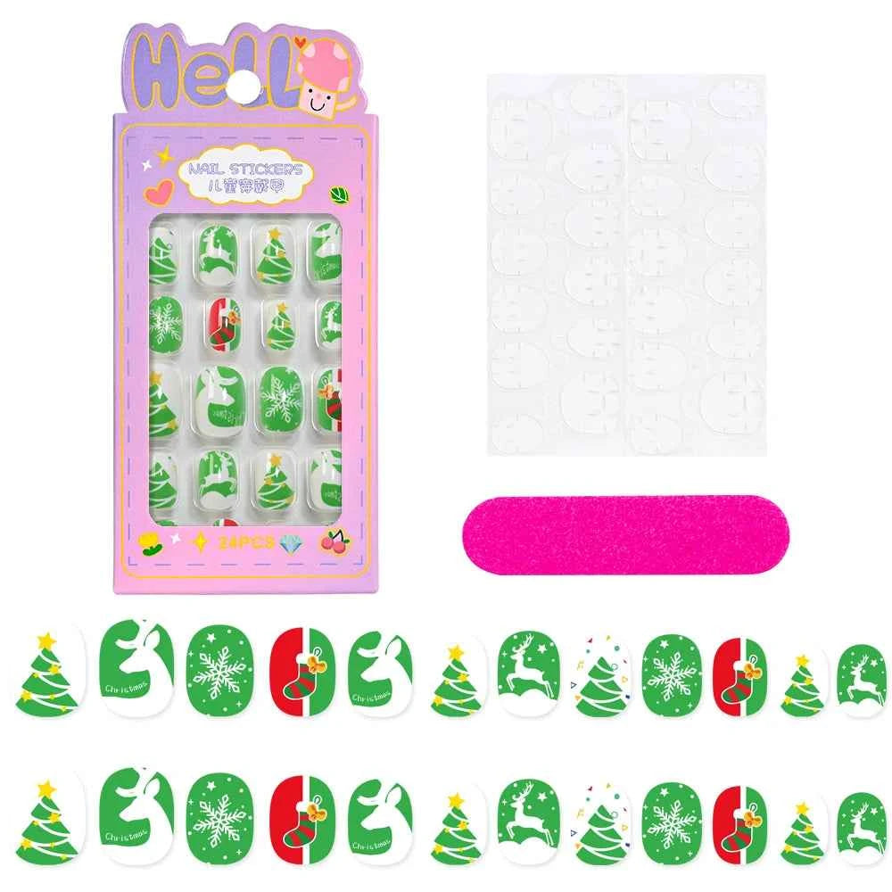 24pcs Princess Girls Christmas Press On Nails Candy Color Kawaii Christmas Tree Snowman False Nails New Year Children Fasle Nail