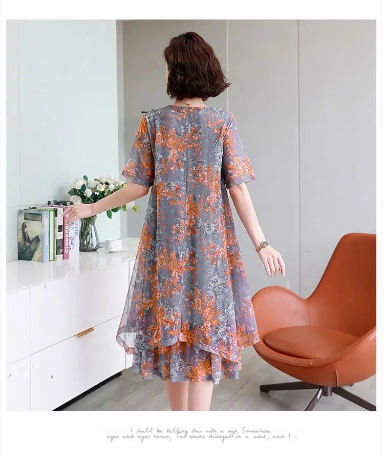 Fashion Casual Irregular Loose Midi Dress Female Clothing Commute Round Neck Summer Short Sleeve Gauze Patchwork A-Line Dresses
