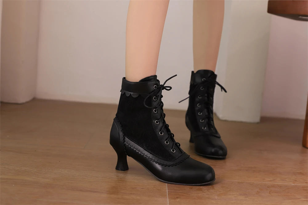 2025 New Lace Up Ladies High Heel Shoes Strange Steampunk Boot Victorian Ankle Boots Women Pointed Toe Thick Soled Short Boots