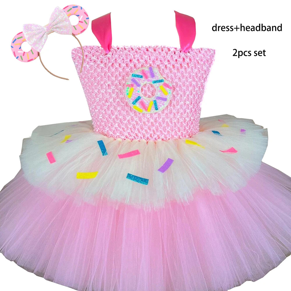 Girls Candy Donuts Tutu Dress with Headband Baby Kids Birthday Party Happy Purim Fancy Costumes Photoshoot Tulle Dresses