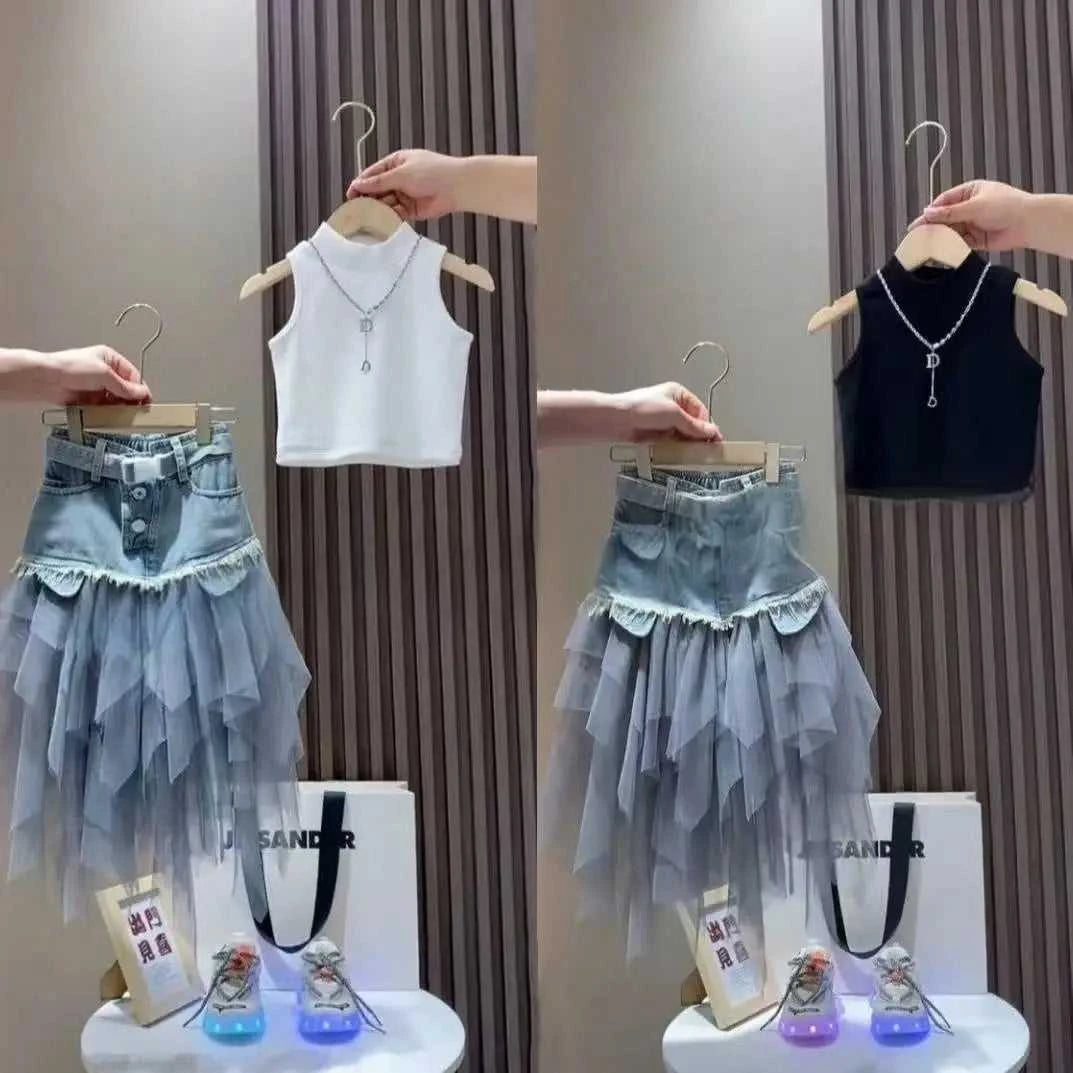 Girls' Summer New Set 2026 Korean Version Baby Girl Tank Top Mesh Splicing Cowboy Skirt Set Kids Summer Set The jack market .AU The jack market .AU Mum & Kids: Essential Products for Every Family $ 62 14:29#WHITE;200000463:200004189#110CM 4Years;200007763:201336100