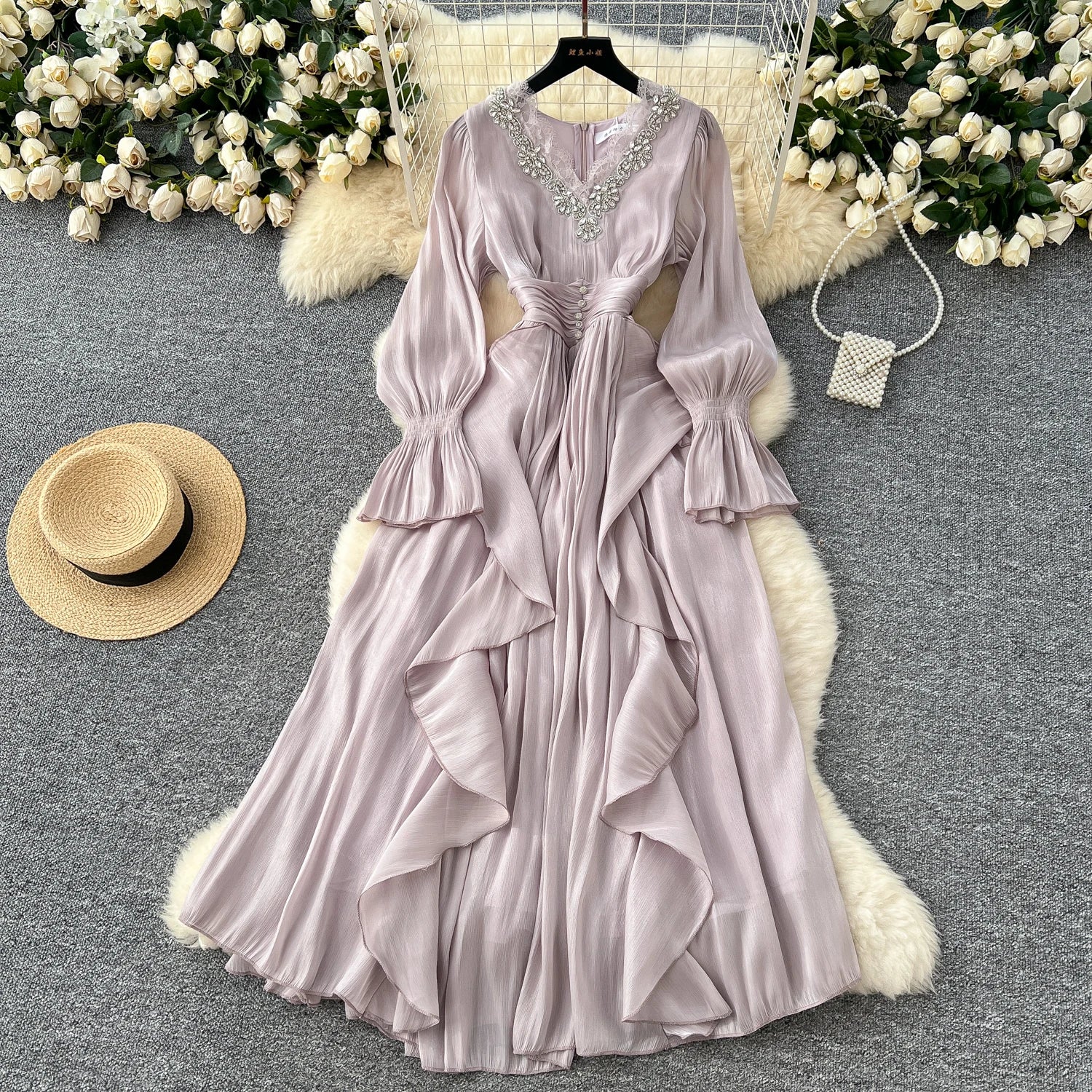 Spring Autumn Women Party Long Dress Elegant Female Red/Purple/Beige/Black Diamonds Patchwork Ruffle A-Line Maxi Vestidos New
